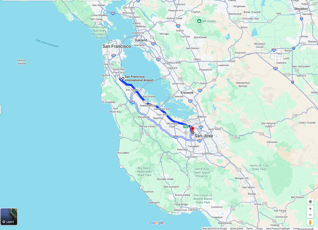 Santa Clara Distance to San Francisco