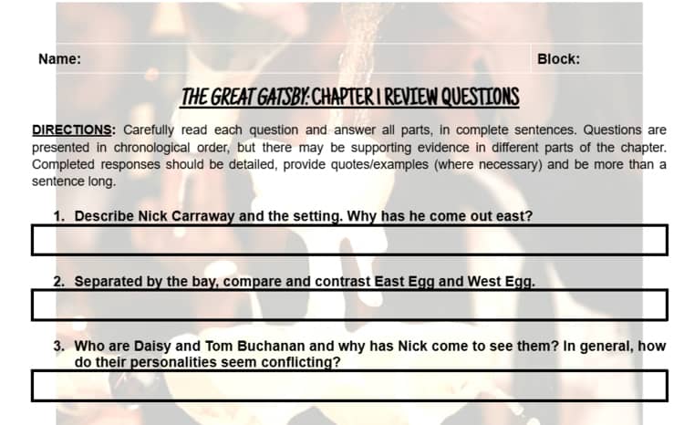 The Great Gatsby Chapter Questions Chapter 1