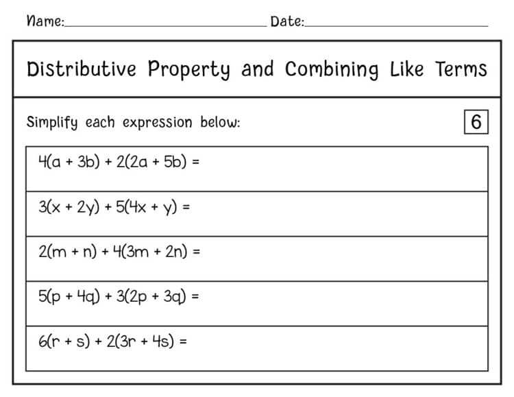 Distribution and Combining Like Terms Worksheet