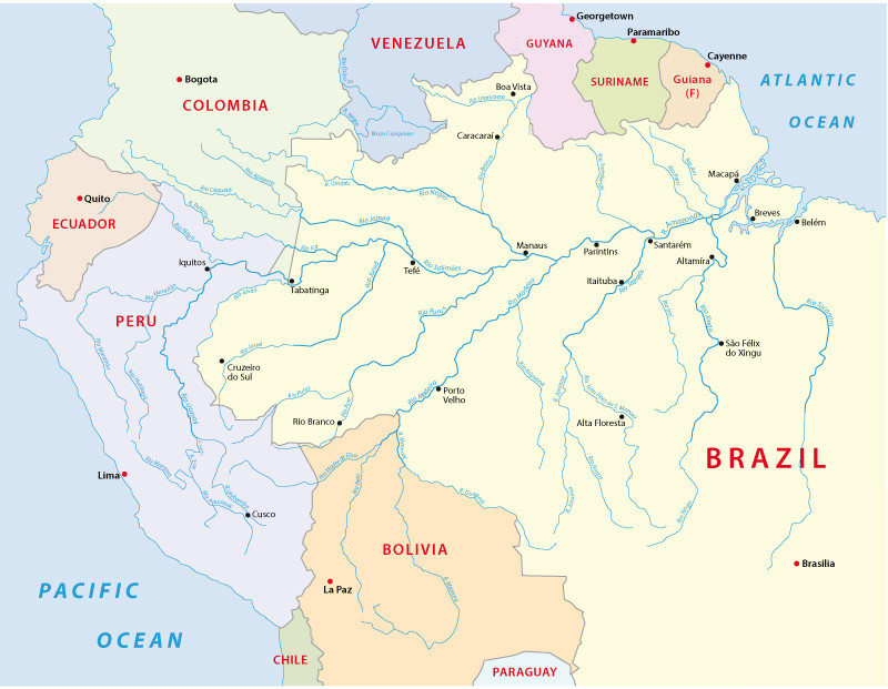 Physical Features in South America Amazon River Is Largest by Discharge and Flows Through Nine Countries
