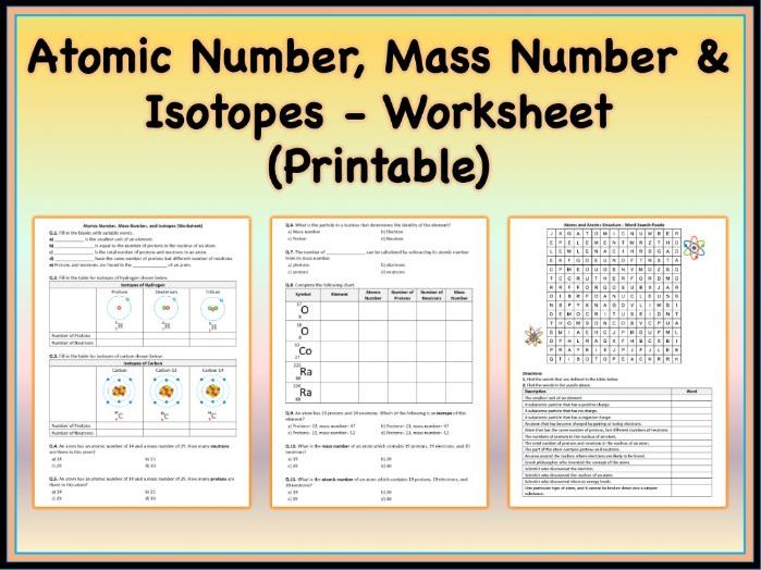 Worksheet on Atomic Number and Mass Number