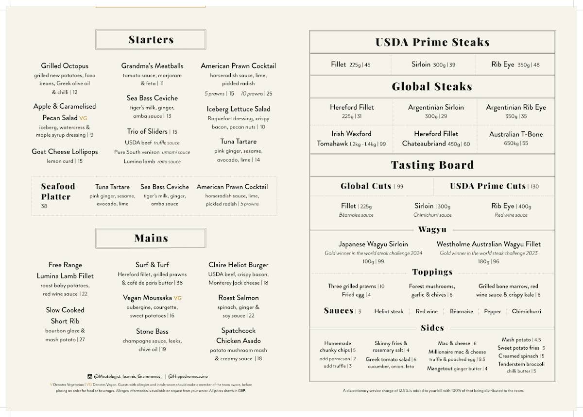 Heliot Steak House in London Menu