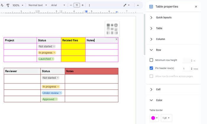 Google Docs Table