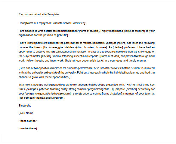 Recommendation Letter for Student from Teacher Sample