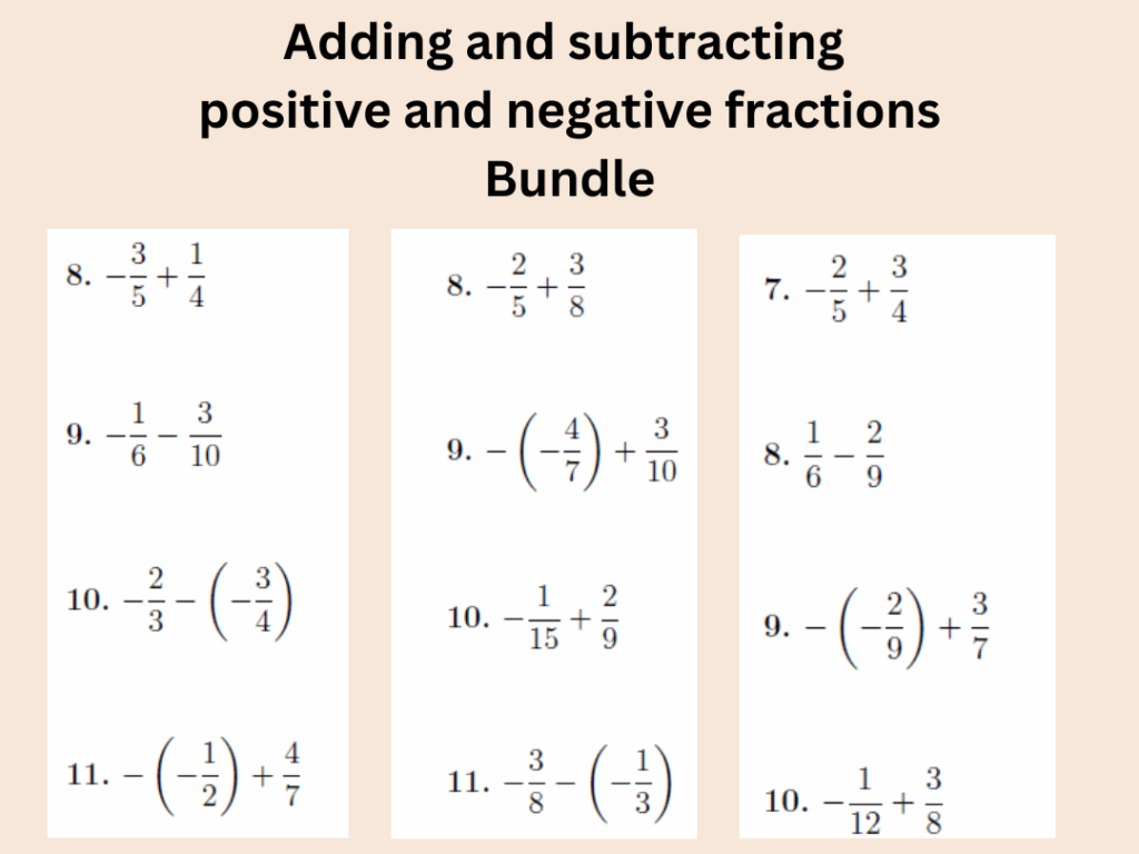 Adding and Subtracting Fractions with Negatives Worksheet