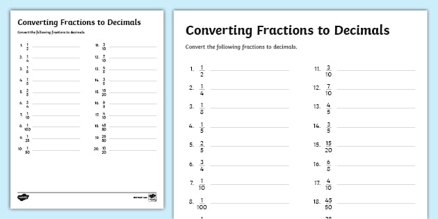 Converting from Fractions to Decimals Worksheet