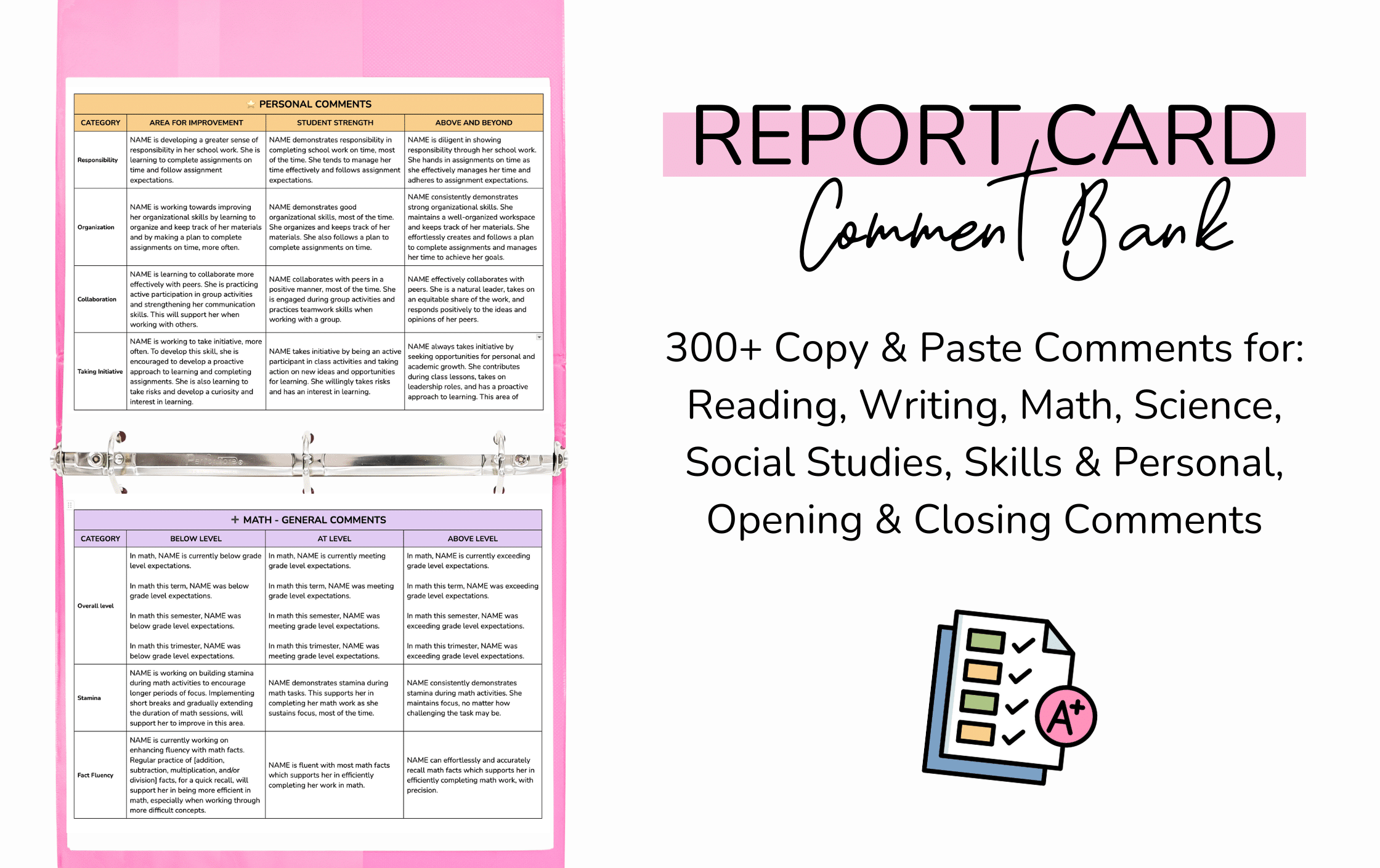 End of the Year Kindergarten Report Card Comments