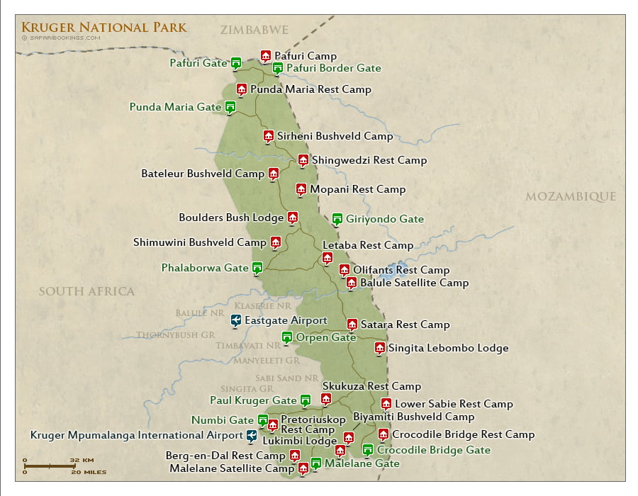 Map of the Kruger National Park in South Africa