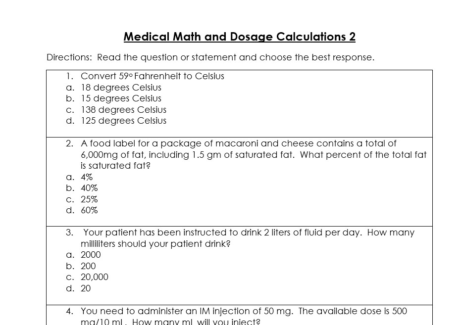Drug Calculation Test Questions and Answers Pdf