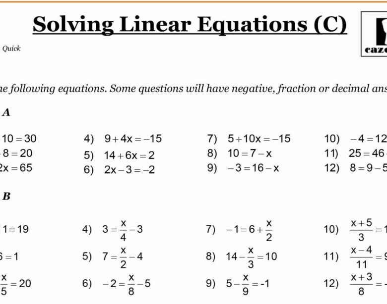 Solving Equations Grade 7 Worksheets Pdf