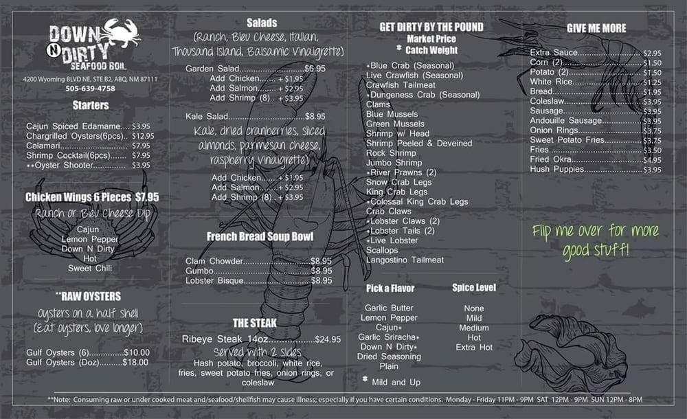 Down N Dirty Seafood Boil Menu