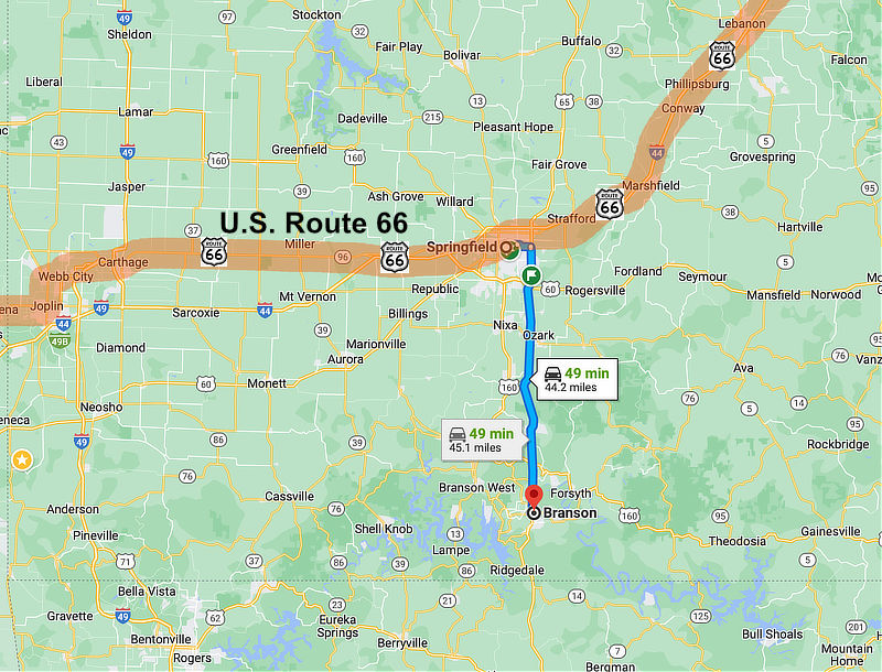 Distance from Springfield Missouri to Branson Missouri