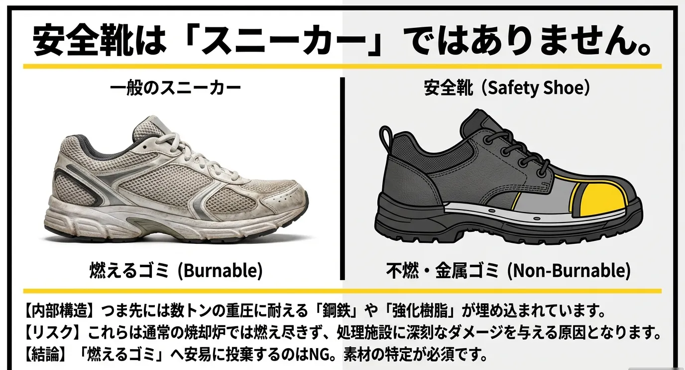 安全靴の捨て方完全ガイド｜不燃ごみNgの真相と鉄芯処分の境界線