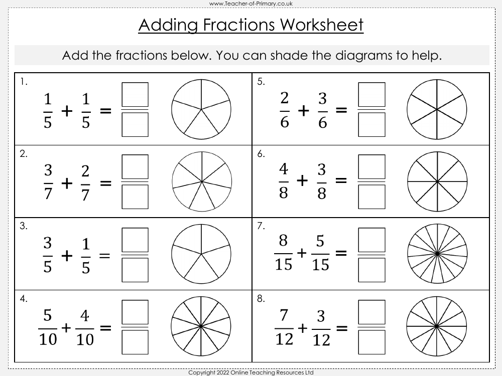 Adding and Subtracting Fractions Pdf Worksheets