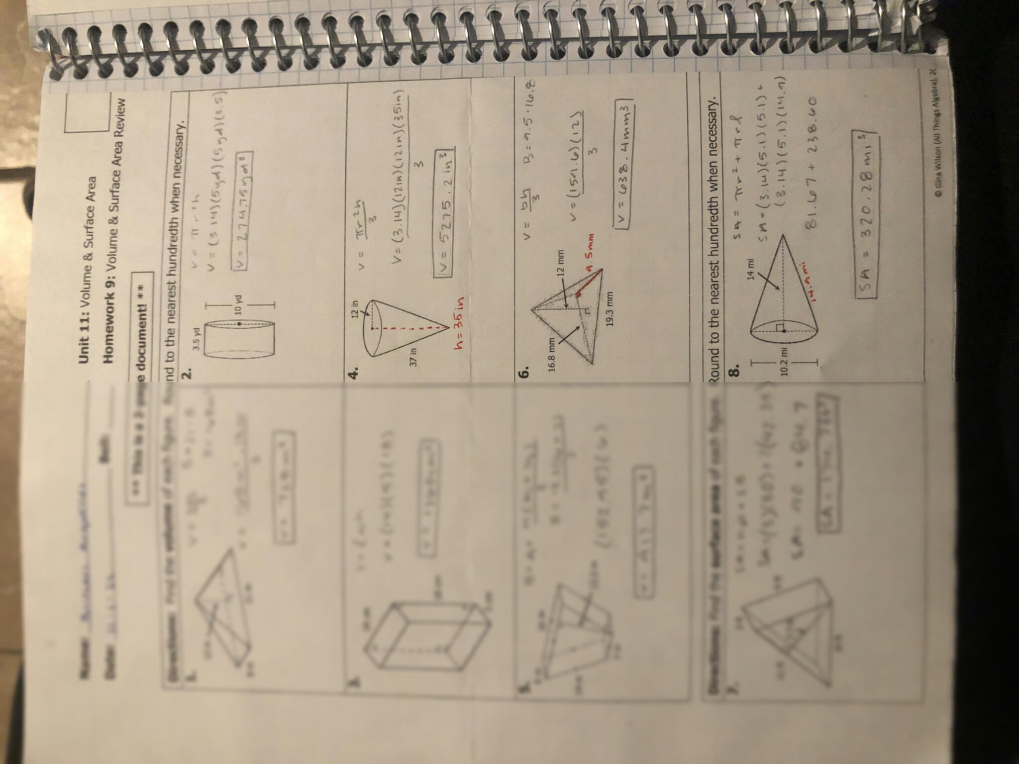 Unit 11 Volume and Surface Area Homework 11 Answers